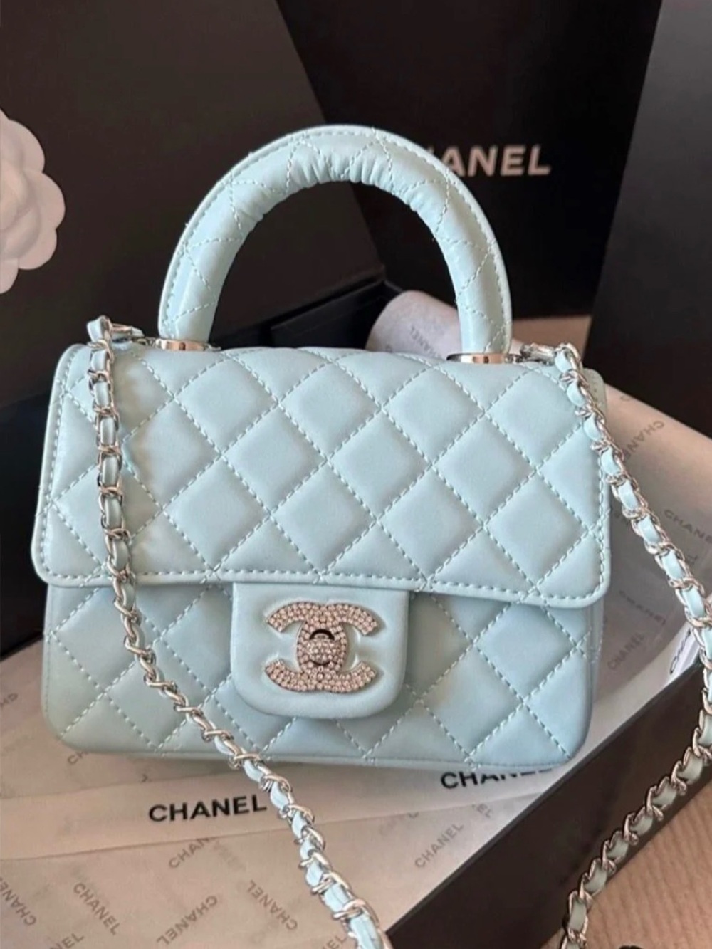 CHANEL Mint Quilted Top Handle Mini Bag with Crystal CC